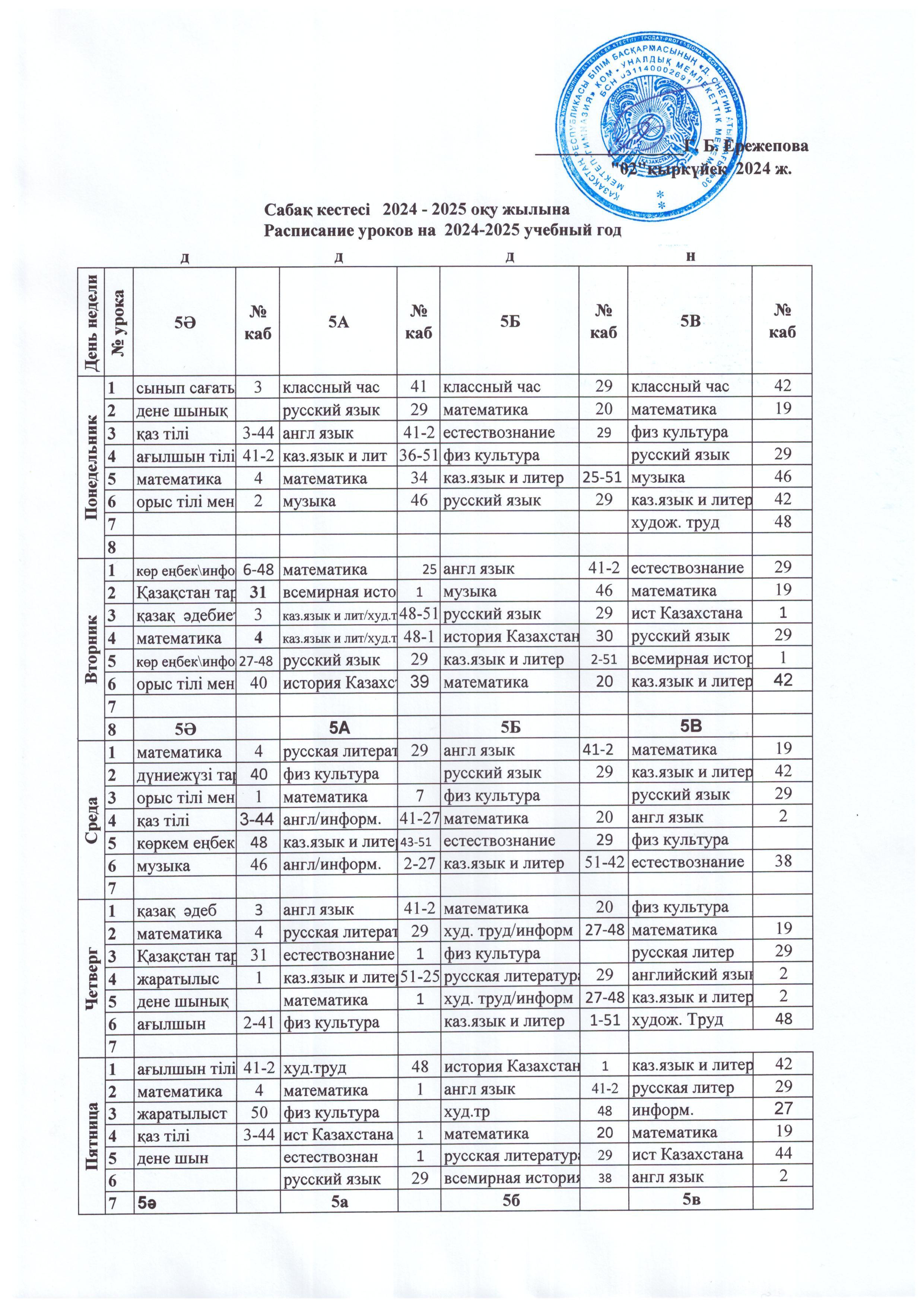 Расписание уроков 2024-2025 уч.год